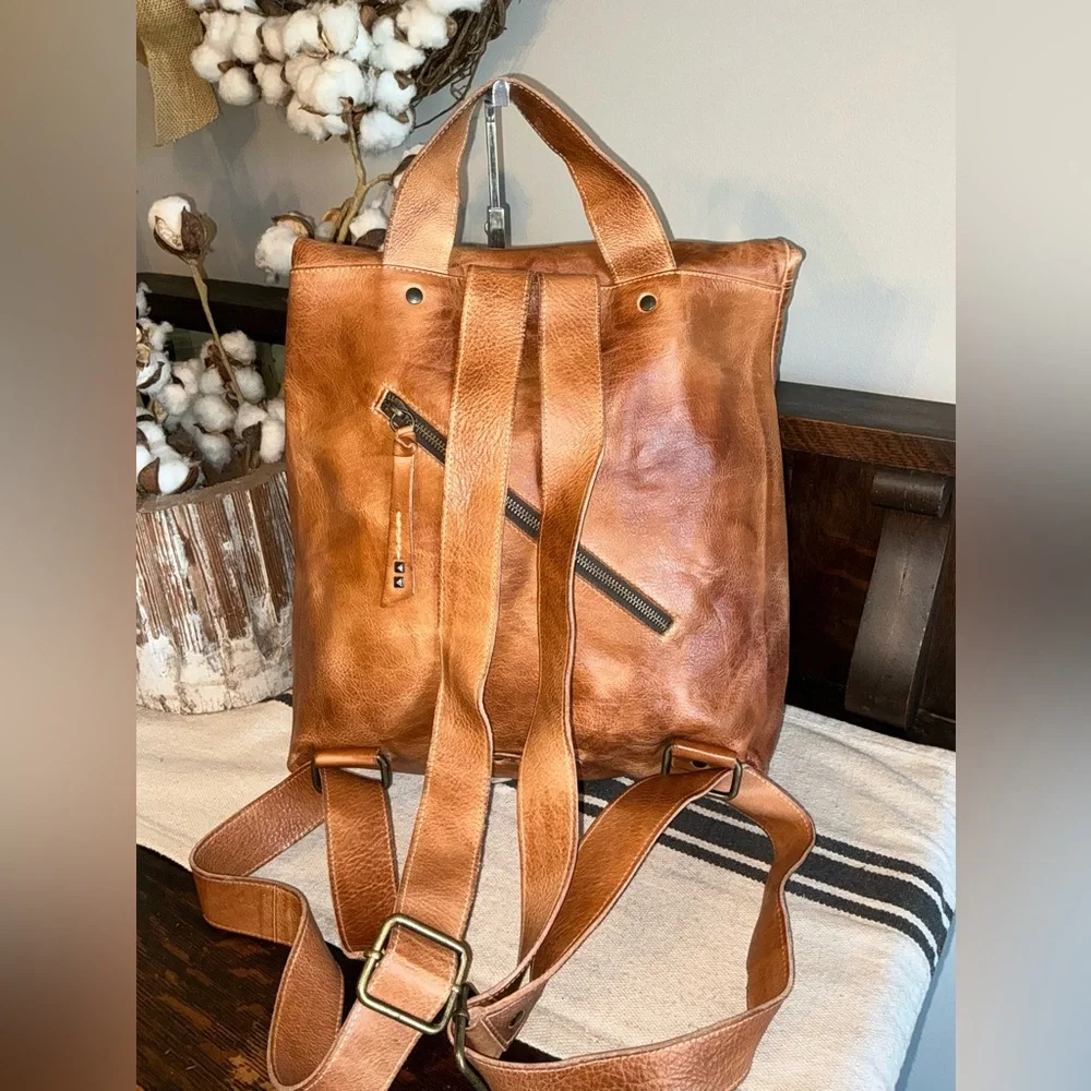 NWT Bed Stu Leather Howie Flapover Leather Backpack Tan Rustic Retail $365 - Picture 2 of 13